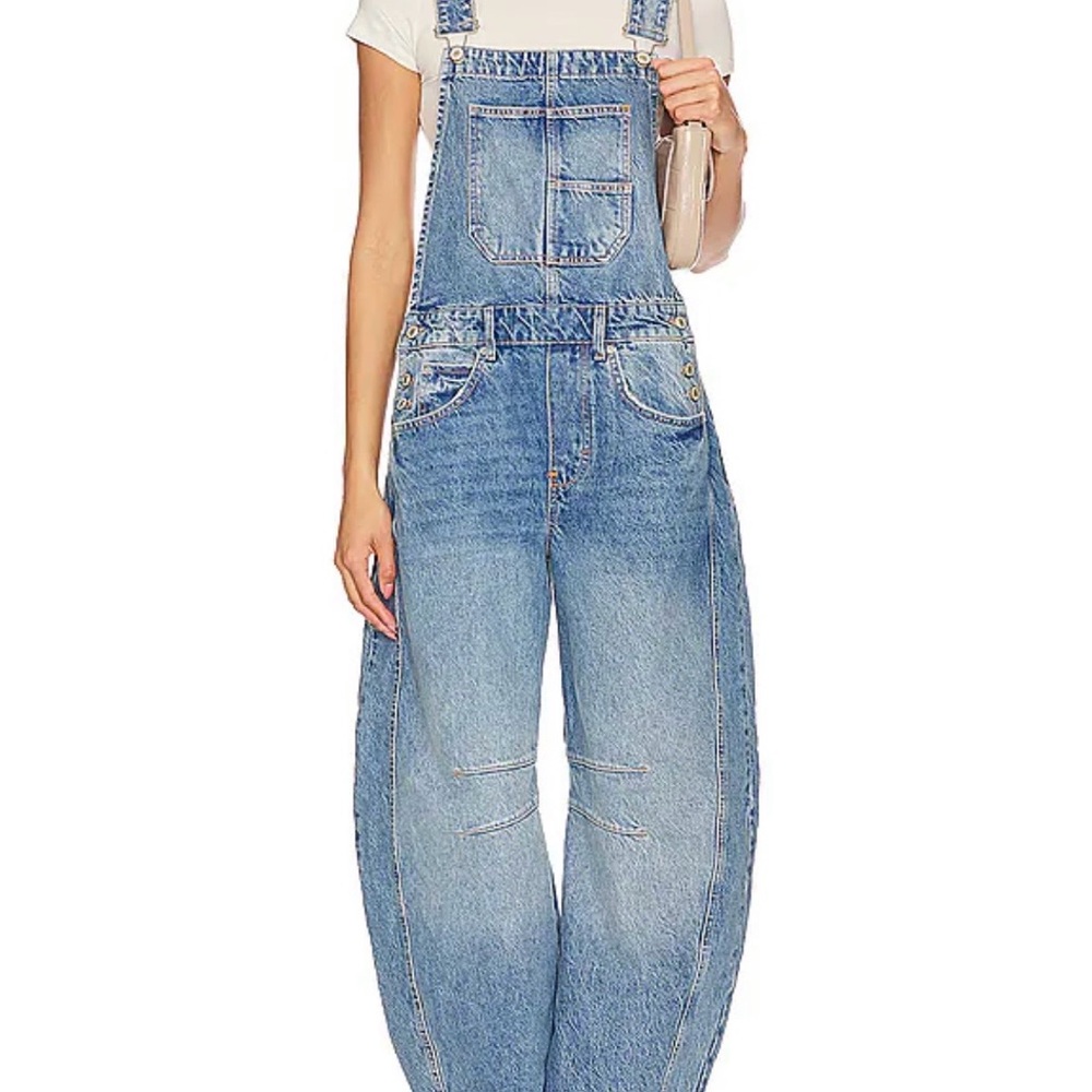 We The Free Light Blue Barrel Denim Overalls